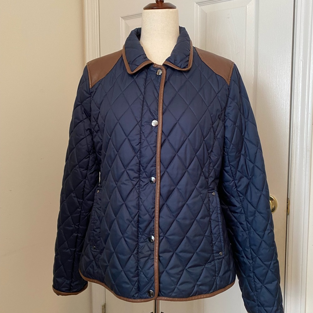 Laura Scott Navy Quilted Jacket with Brown Trim